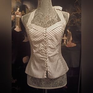 White House Black Market Striped Button Halter Tie Bustier/Top Sz 2 Like New